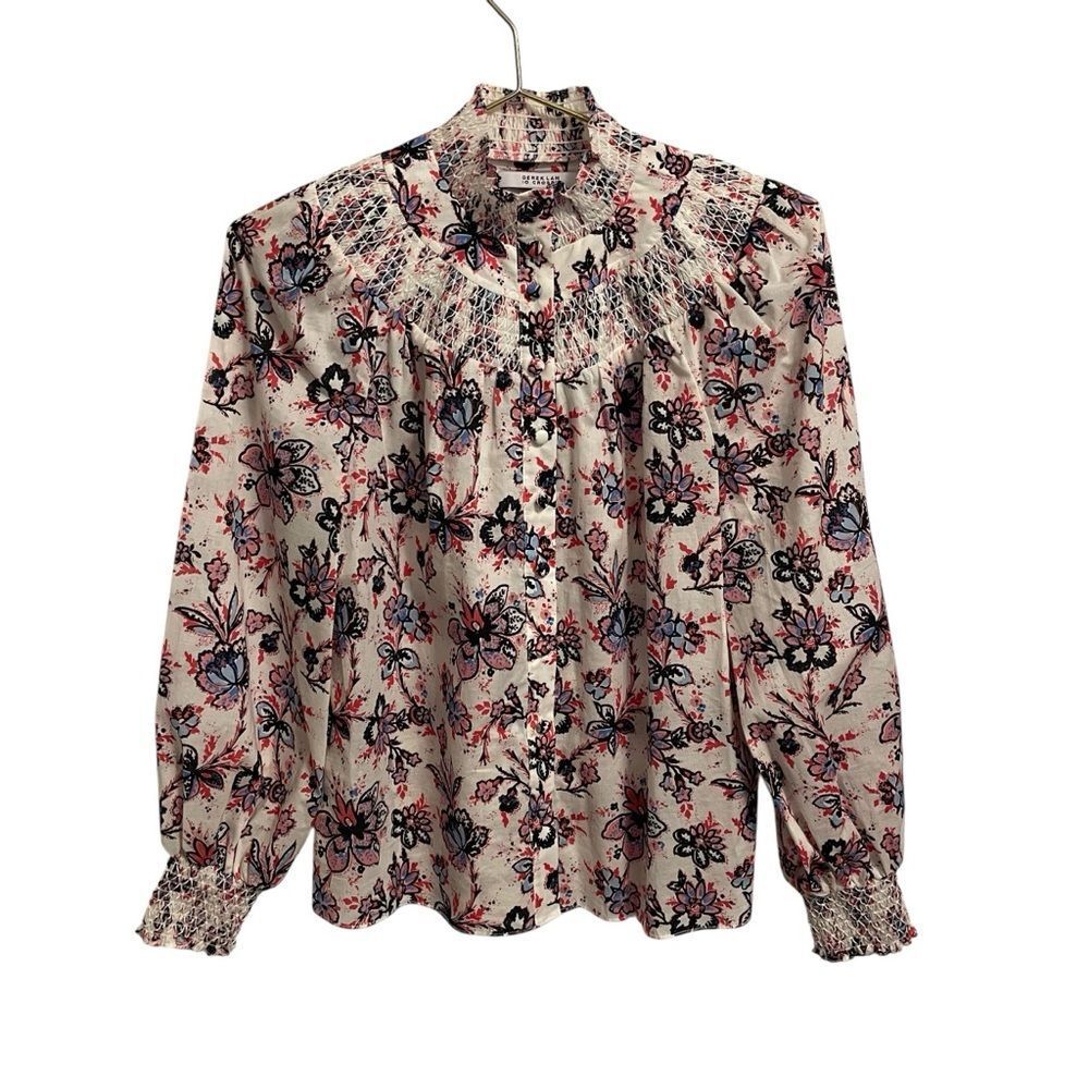 Derek Lam 10 Crosby Helen Smocked Floral-Print‎ Cottagecore Blouse Shirt Size 2